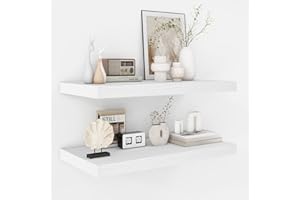 Fun Memories Floating Shelves - 2 Pack 12 Inch Deep Rustic Wooden Wall Shelves - Extra Deeper & Thicker Wall Mounted Storage Shelf for Living Room, Kitchen, Farmhouse - 24" W x 12" D x 1.5" H - White