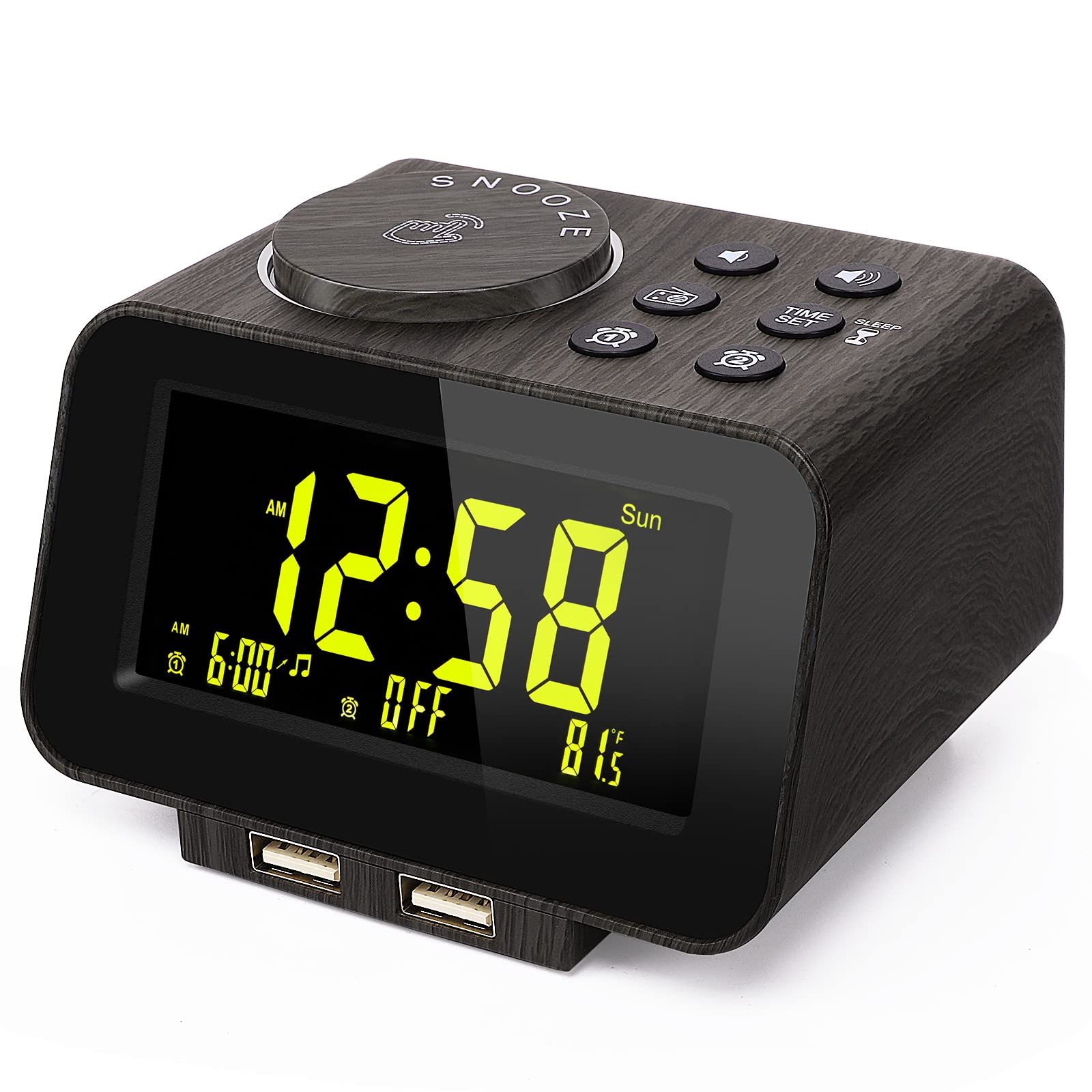 uscce Alarm Clock Radio for Bedroom - 0-100% Dimmer, 2 USB Chargers, Dual Alarm with Weekday/Weekend Mode, FM Radio w/Auto-Off Timer, Battery Backup, Loud Alarm Clock for Heavy Sleeper(Wood Grain)