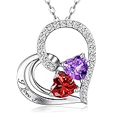 JACUPO Double Birthstone Heart Necklace 0.8CT Dual-Gemstone S925 Sterling Silver Plated White Gold Engraved I Love You Perfect Anniversary/Valentine's Day Gift for Wife/Girlfriend/Mom/Daughter