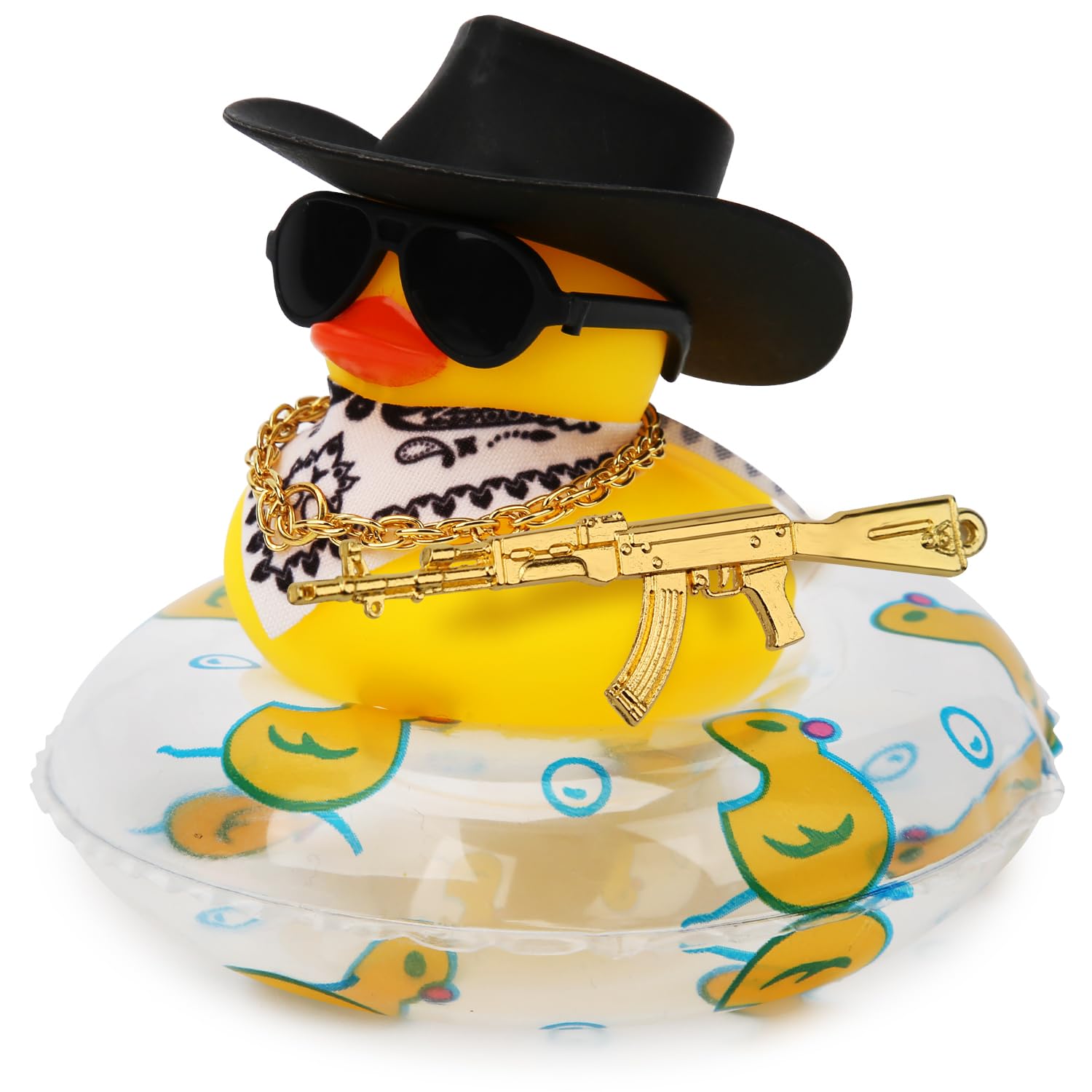 LUTER Duck for Cars, Rubber Duck for Car Dashboard, Squeaky Duck Bath Toy Yellow Duck Car Ornament Fun Cowboy Duck Car Accessories Car Dashboard decor with Swim Ring Hat Glasses(Style 3) (E09297-300)