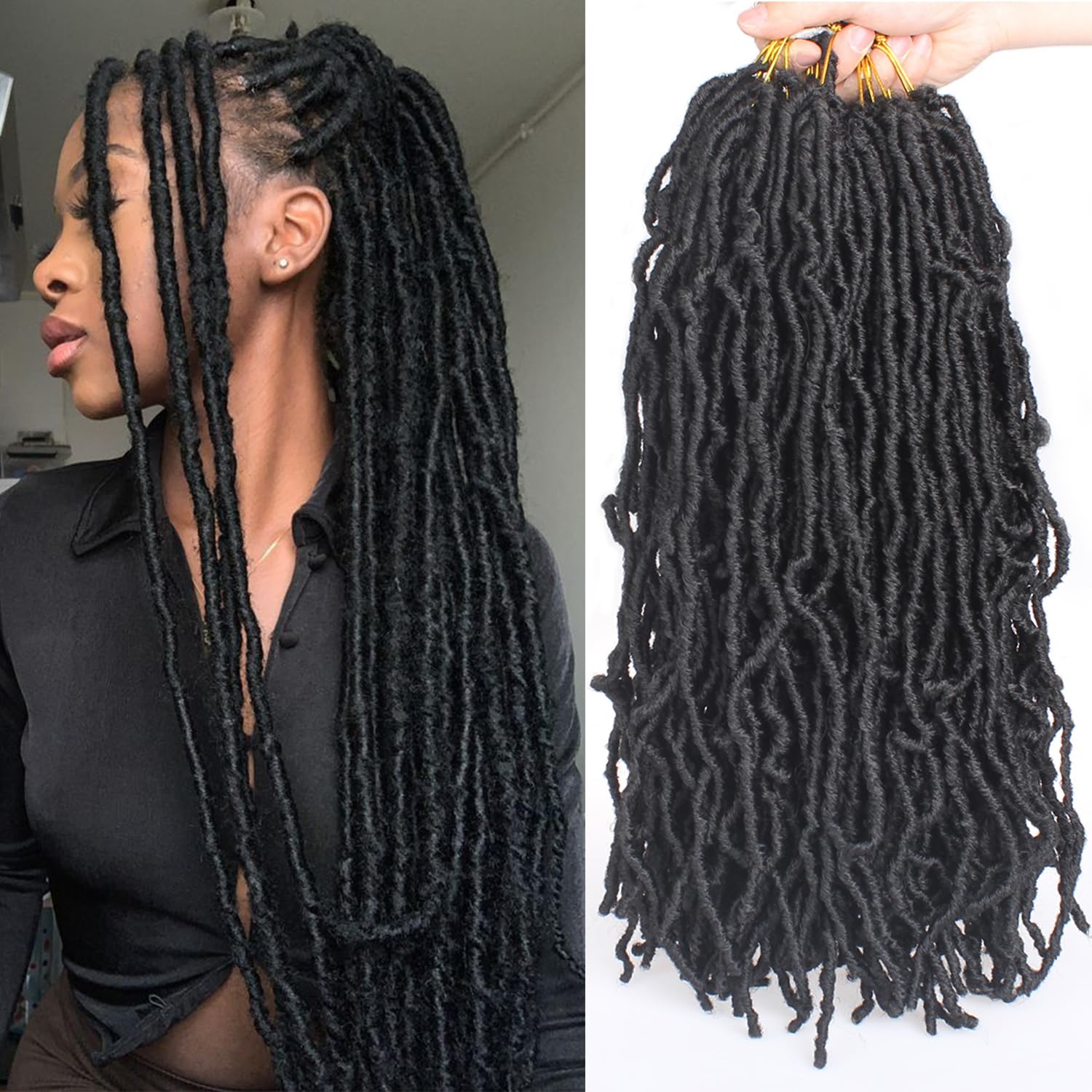 Mscat 7 Packs 18 Inch Pre-Looped Faux Locs Nu Locs Synthetic Fiber Hair Extensions 12strands/pack 1B# — image 1