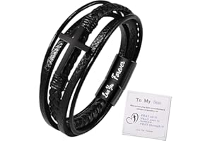 SUNSH To My Son Cross Bracelet for Boys Men Confirmation Communion Leather Bangle Teen Boy Gifts from Mom Dad, Handmade Woven Cool Braided Gift for Birthday Christian Easter Baptism Gifts, Black