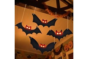 PONLODOS Lighted Halloween Hanging Bats, 4 Packs Halloween Decorations Outdoor Scary Large Black Hanging Flying Bat with LED Lights Spooky Glow Eyes Waterproof for Yard Sign Window Wall Decor Indoor Clearance