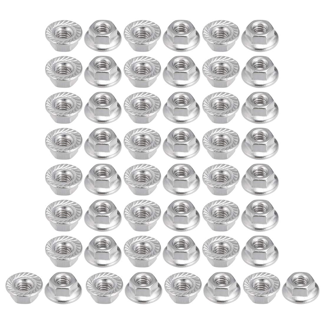 sourcing map M4x0.7mm Serrated Flange Hex Lock Nuts, 50Pcs 304 Stainless Steel Non-Slip Metric Hexagon Flange Nut, Full Thread, Bright Finish, Silver