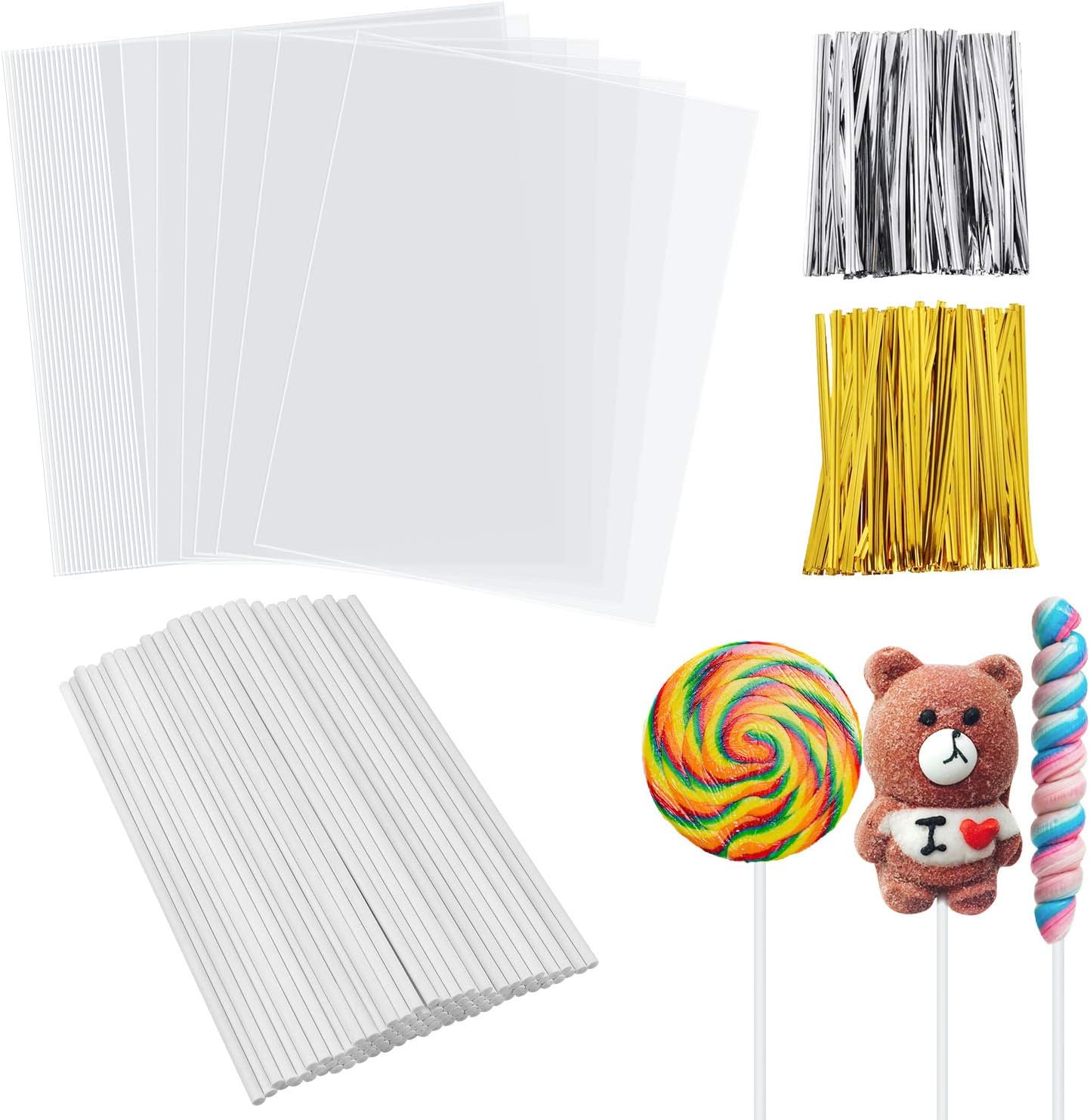 SelfTek Cake Pops Making Tools 100Pcs Large Lollipop Bags 100Pcs Paper Sticks and 140 Pcs Twist Ties in 2 Colors (Gold and Silver) Black Friday & Cyber Monday Promotion