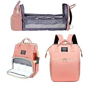 DIAOPIUO 5 in 1 Travel Cradle Folding Crib, with Shading Cloth, Diaper Backpack Changing Station, Mummy Bag Waterproof Backpack, Portable Crib (Pink)
