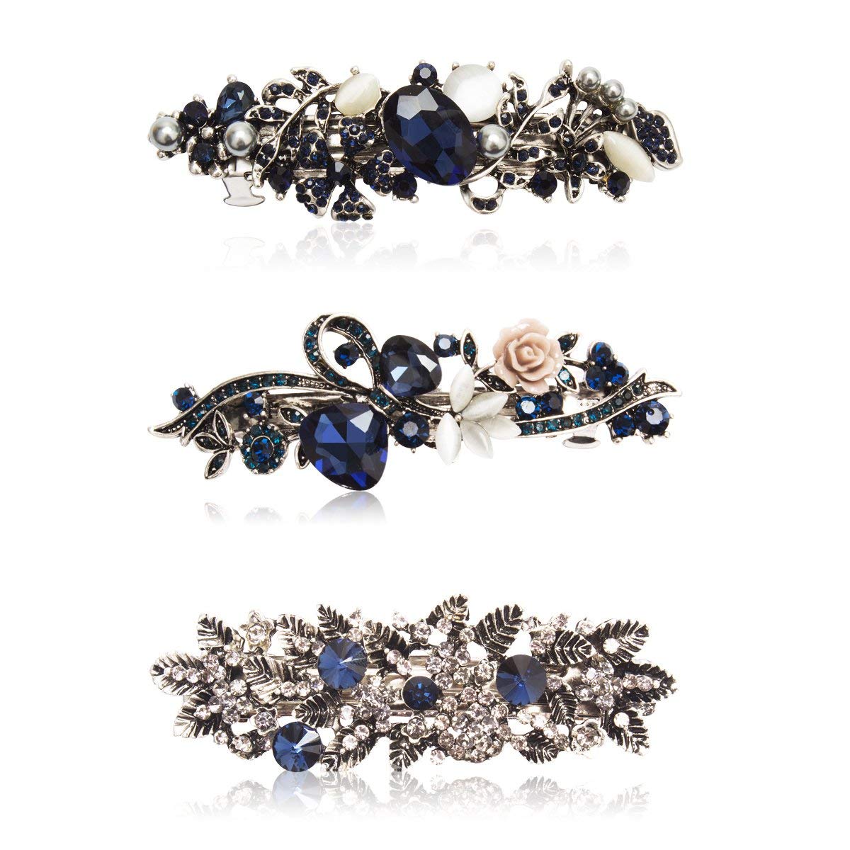 Kicosy Barrettes for Women Hair Barrettes for Women 3 Pack Vintage Shining Rhinestone Hair Barrettes Metal Flower Butterfly French Clip Faux Crystal Hair clip Spring Hair Barrette,Black and Navy Blue: Beauty