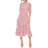 Mac Duggal Mesh Ruffle Tiered A Line Midi Dress