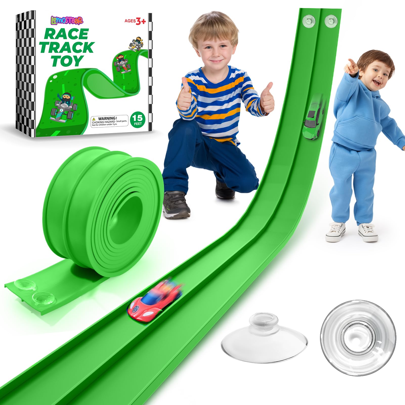 Flexible Race Car Track 15 Ft Starter Set with Suction Cups Compatible with and Diecast 1/64th Car for Ages 3 & Up Classic Green Double Track Long Rolls Up Portable Racetrack Birthday Gifts