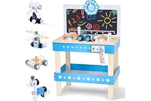 BUDDGO Kids Tool Set, Wooden Kids Tool Workbench Playset with STEM Construction Toys, Toddler Tool Bench with Ample Storage Space and Blackboard, Creative Gifts Tool Bench for Kids Ages 3-7, Dark Blue