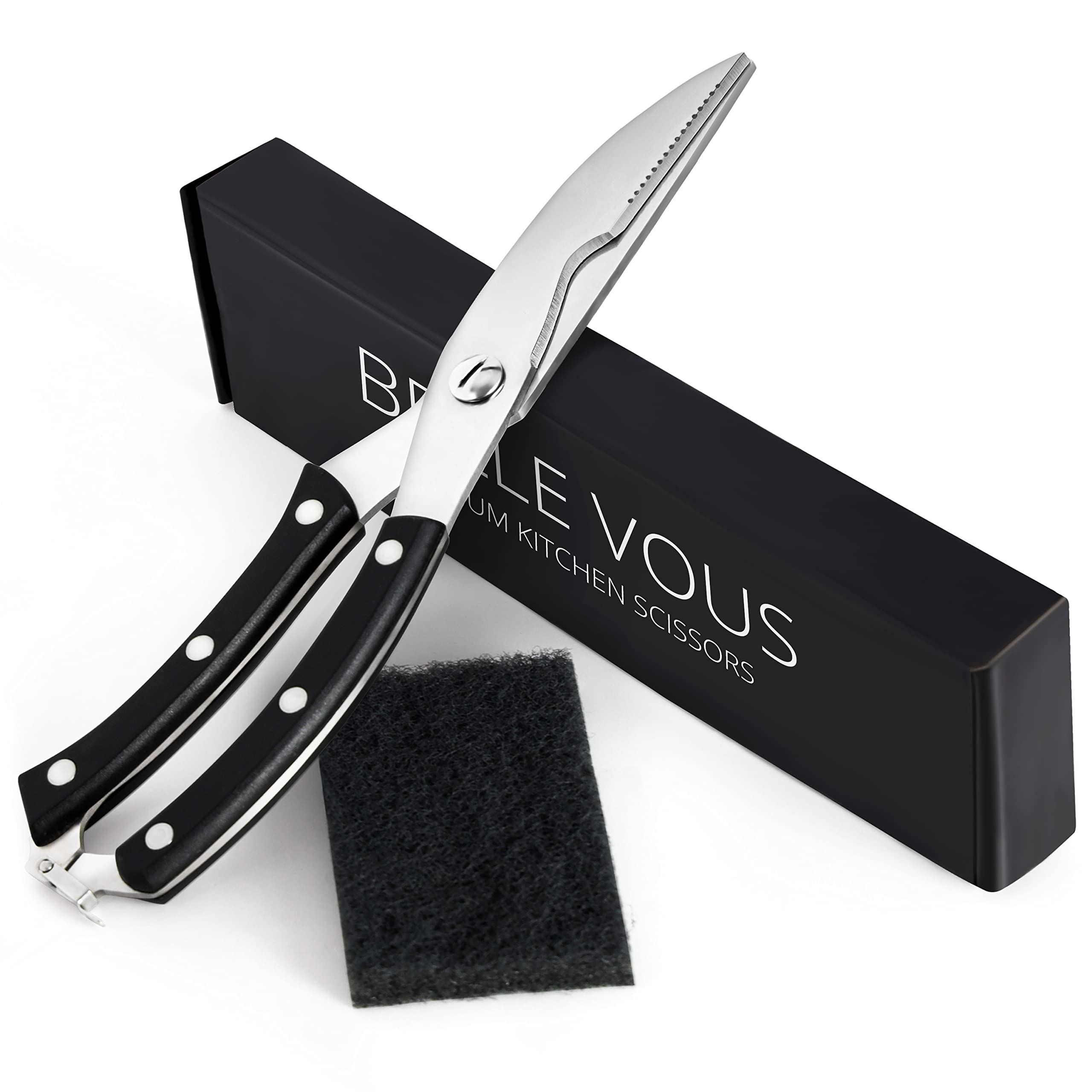 BELLE VOUS Stainless Steel Kitchen Scissors, 10" Overall Length, Multi-Function Poultry Shears, Spring Loaded Handle, Safety Clip, Dishwasher Safe, Black, Plastic & Stainless Steel