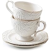 KAITOER Cups and Saucers Tea Cups Set of 2, Ceramic Coffee Cups with Floral Embossed Design, 200ml (7 oz) Tea Cups and Saucers Porcelain Mugs for Birthday Party Cafe Home Mother's Day Gift