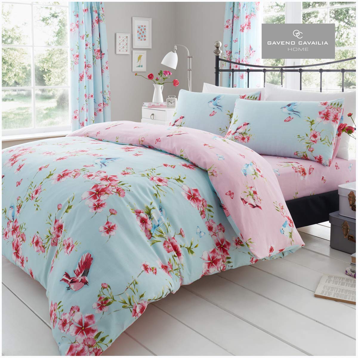 GC GAVENO CAVAILIA Gaveno Cavailia Botanical Birdie Blossom Super King Duvet Set Blue Bedding, 3 Piece Cotton Blend Reversible Floral Bedlinen, Easy Care Bedset, 1 Quilt Cover + 2 Pillow Cases