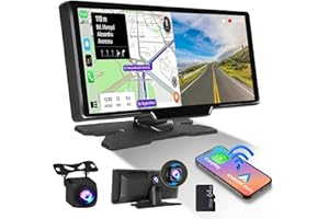 Hikity Wireless Apple Carplay with 2.5K Dash Cam & 1080P Backup Camera - 10.26" Portable Android Auto Car Screen, 64G TF Card Loop Recording, WiFi Video, Airplay, GPS Navi, Siri, Bluetooth, FM