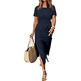 ANRABESS Women's 2026 Summer Maxi Tshirt Dress Short Sleeve Crewneck Tie Waist Casual Slim Fit Slit Spring Long Beach Dresses