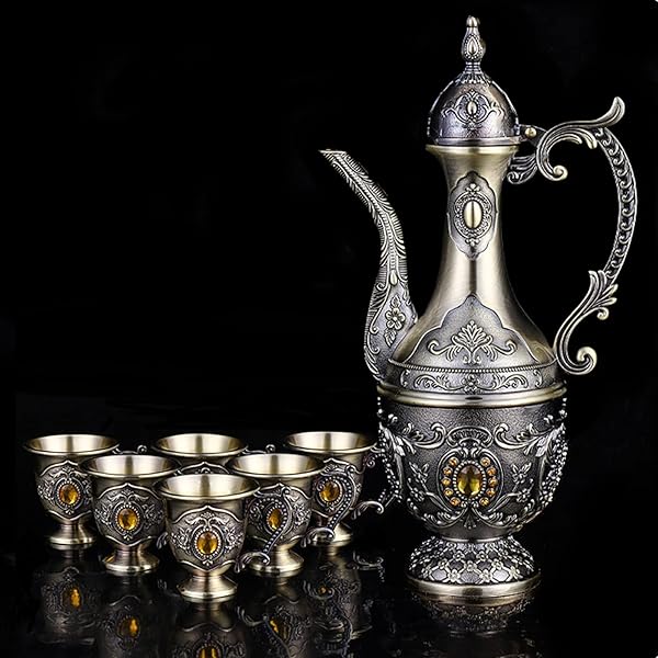 VINTAGE TURKISH COFFEE POT AND CUPS SET,TEA SERVICE SET INCLUDING TEAPOT,TEA TRAY AND METAL CUPS FOR WINE CABINET DECOR,WEDDING ORNAMENTS (BRONZE WITH YELLOW CRYSTAL)
