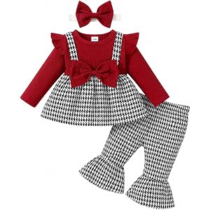 ABCRR Baby Girl Outfit Long Sleeve Ribbed Peplum Top with Houndstooth Flare Pants and Bow Headband 3PCS
