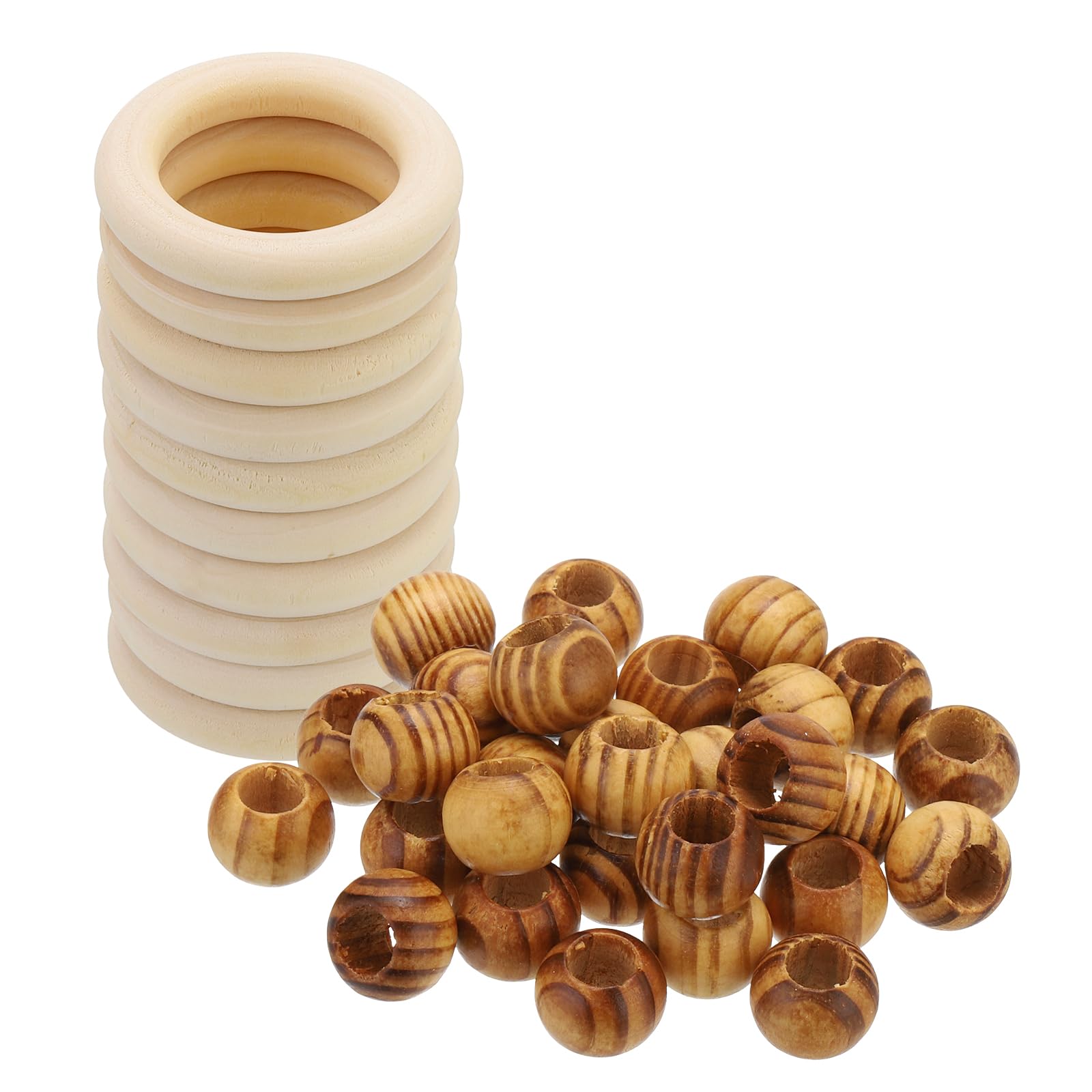 PATIKIL Natural Wood Rings and Unfinished Wooden Beads Set, 10Pcs 55mm Wood Hoop & 30Pcs 20mm Brown Round Loose Beads for DIY Pendant Connectors Jewelry Making Macrame Wall