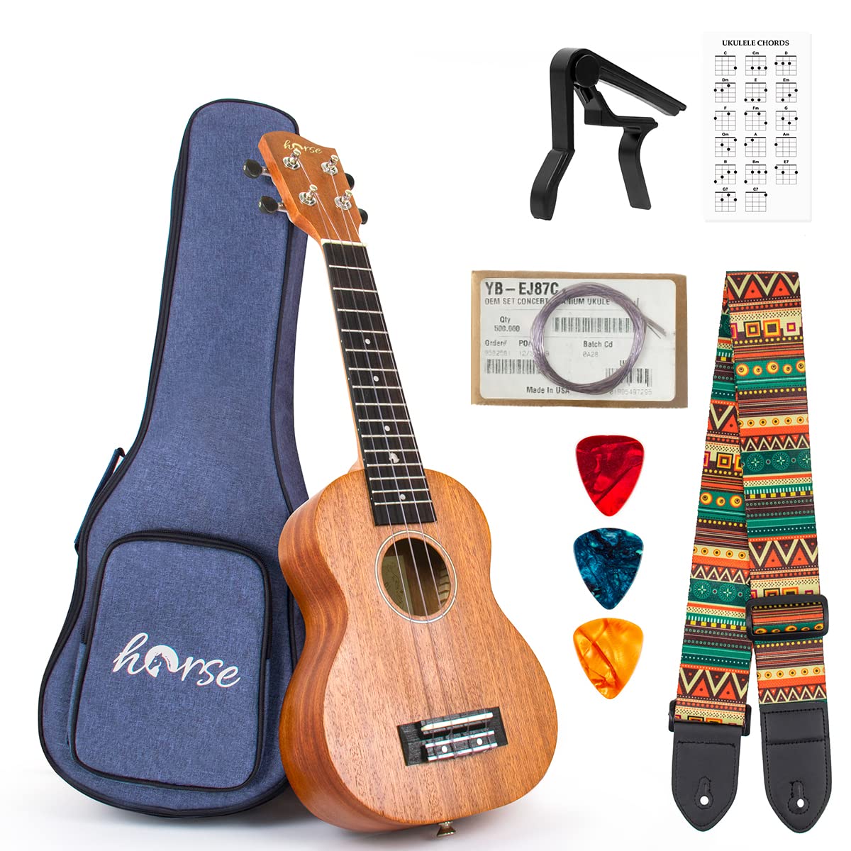 Soprano Ukulele,Horse Mahogany Ukulele for kids Adults Beginners Ukelele Start Kits with 21 Inch Comfortable Thicker Gig Bag Strings Capo Picks — image 1