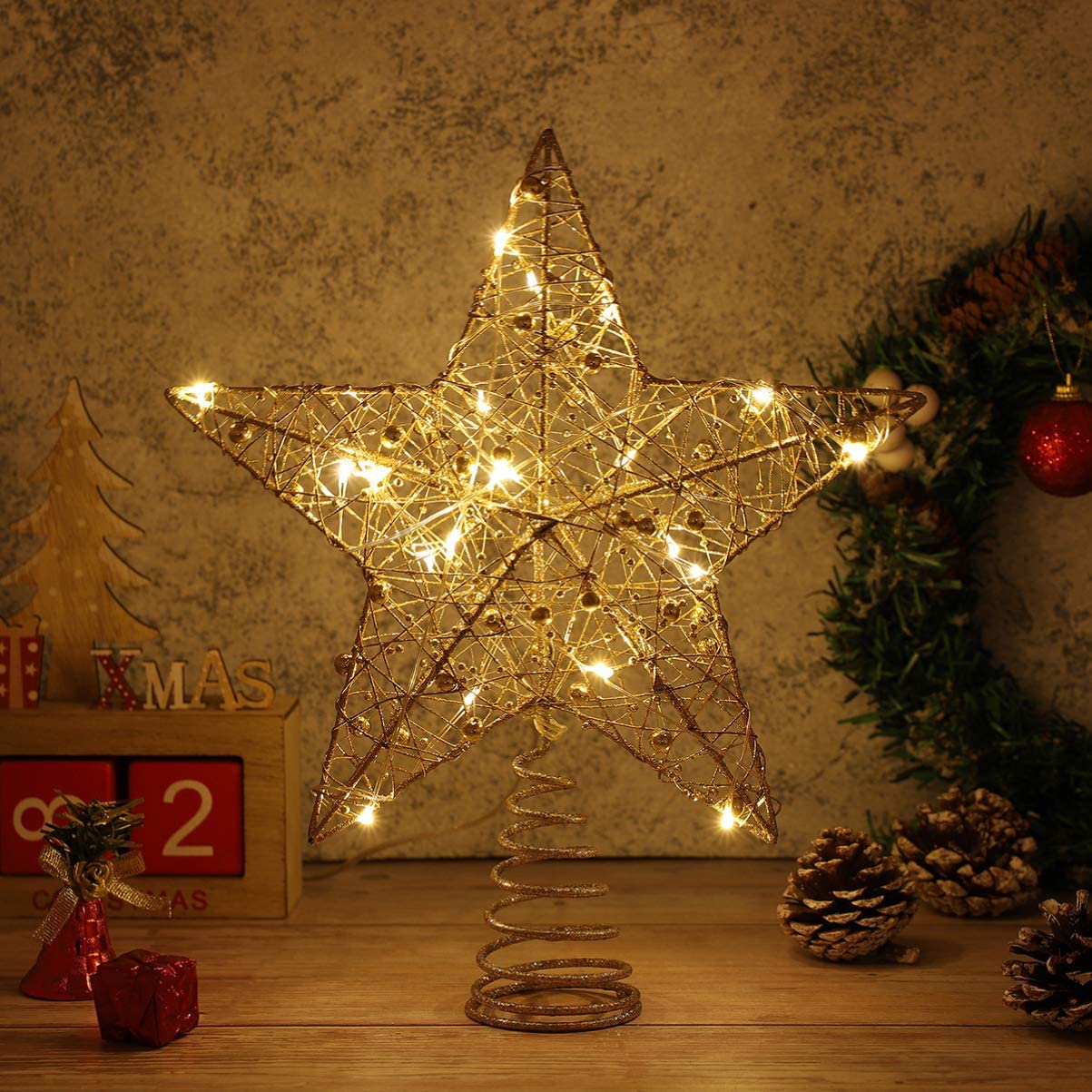 Tomaibaby Christmas Tree Topper: 10 Inch Gold Glitter Star Tree Topper with 20 LED Lights - Lighted Star Treetop for Christmas Tree New Year Indoor Holiday Party Decoration