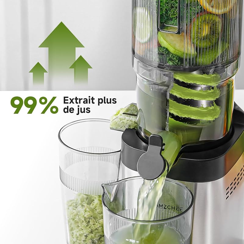 Extracteur de Jus Fruits et Légumes, Moins de Temps de Découpe, Goulotte XXL 135 mm, Extraction Lente à Froid, Facile à Nettoyer, Moteur Silencieux 45 dB, Idéal Famille