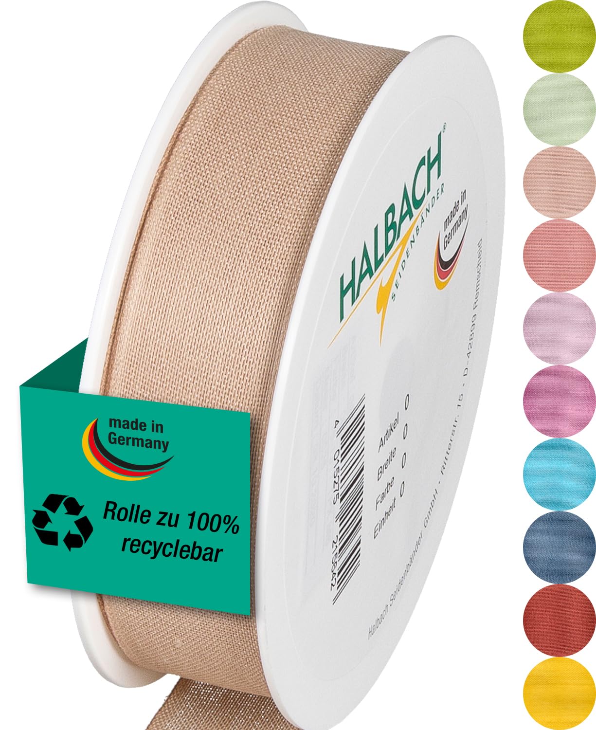 Halbach Seidenbänder Gift Ribbon | Width 25 mm Length 25 m | Ribbon Made in Germany | Gift Ribbons in a Variety of Colours and Widths Perfect for Packaging and Decorating, Colour: Natural