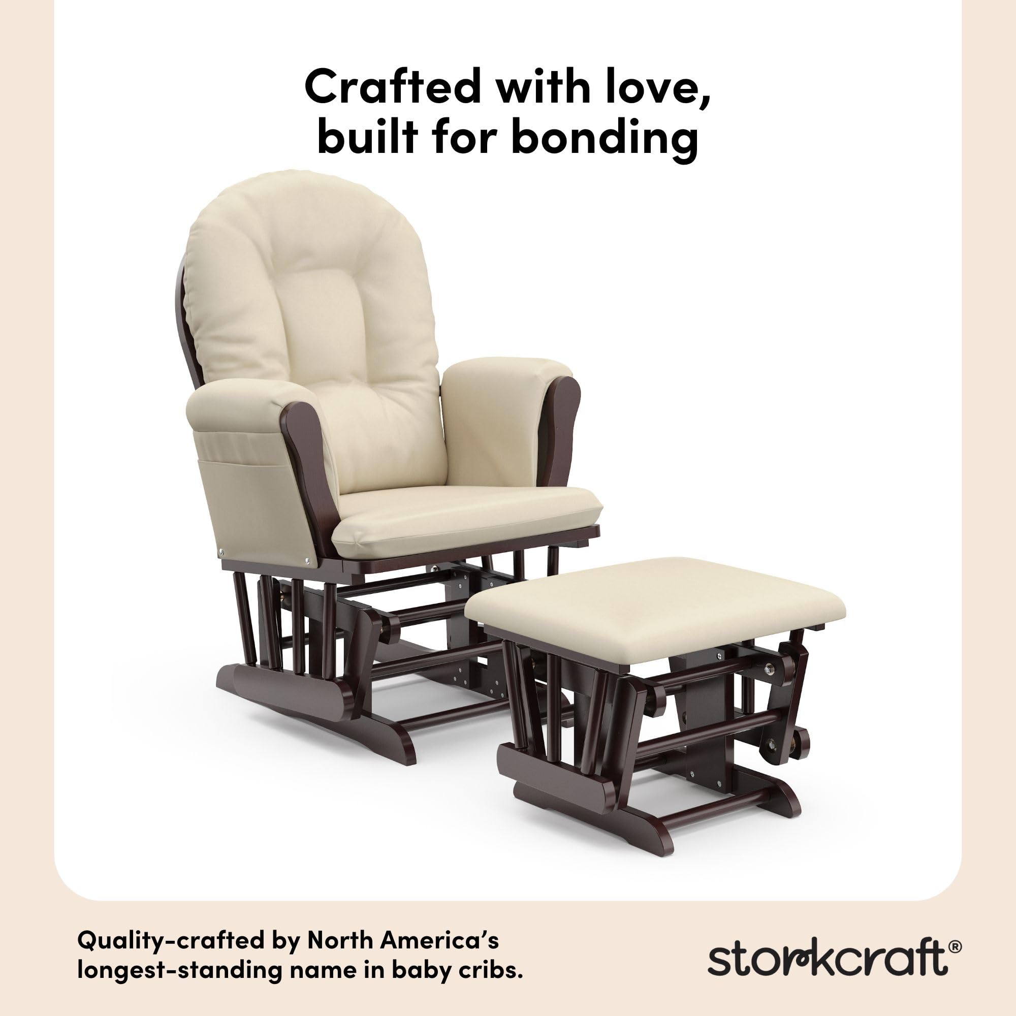 Storkcraft Premium Hoop Glider & Ottoman (Espresso with Beige) — GREENGUARD Gold Certified, Solid Wood Craftsmanship, Convenient Storage Pockets, Smooth-Gliding Chair for Nursery, Multi-Award-Winning