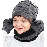 KMOLY Kids Winter Beanie Hat Scarf Touchscreen Gloves Set for Boys Girls 4-15 Years Warm Skull Cap Fleece Lined Knitted Hat