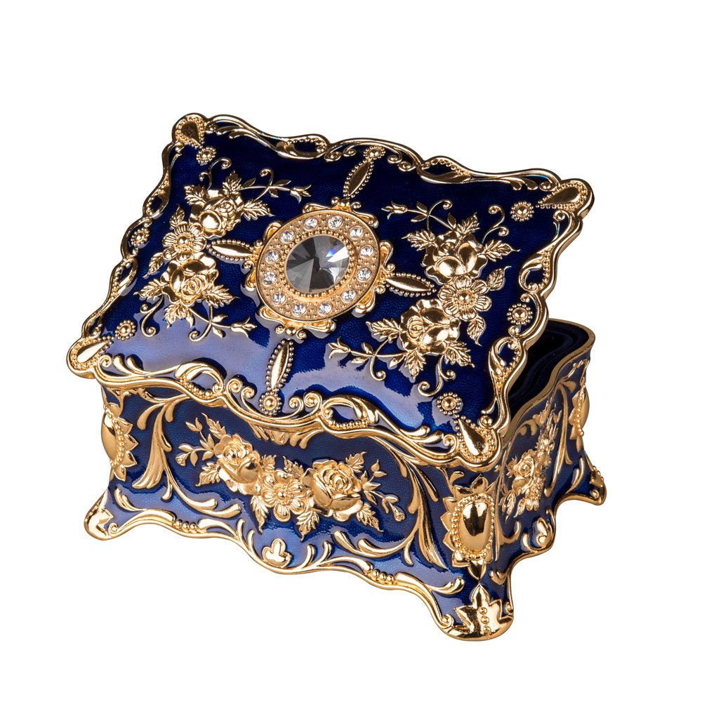Feyarl Vintage Rectangle Trinket Box Jewelry Box Ornate Antique Finish Engraved with Two- Layer Organizer Box for Exquisite Gift (Blue)