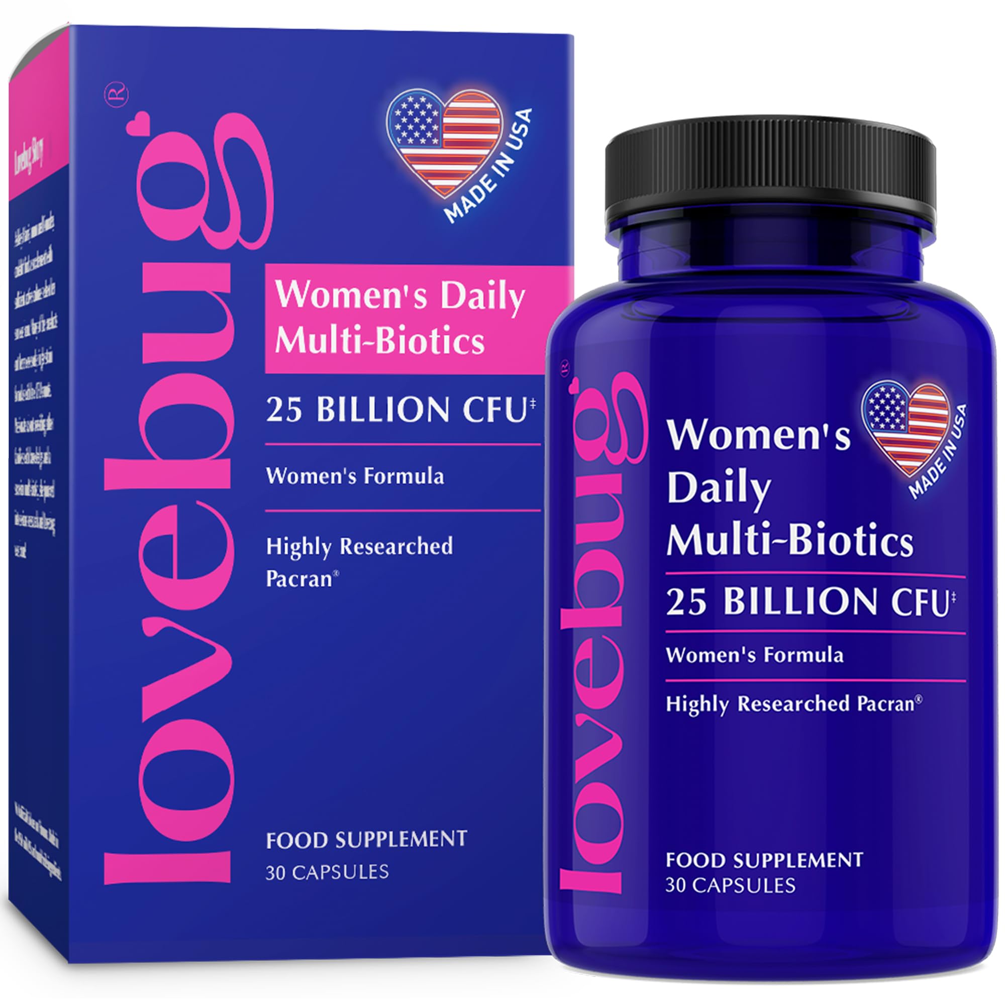 Lovebug Probiotics for Women with Pancran® – High Strength Lactobacillus & Bifidobacterium Bio Culture Complex - Vaginal Probiotic for Womens Intimate Flora & Digestive Health - 30 Capsules