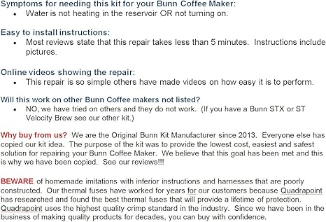 Repair Your Bunn Coffee Maker Water Not Heating Thermal Fuse Harness B 10 Grx Bxb Btx Grb Br10 Bxw Bt Velocity Brew Replacement Part Kitchen Dining Amazon Com