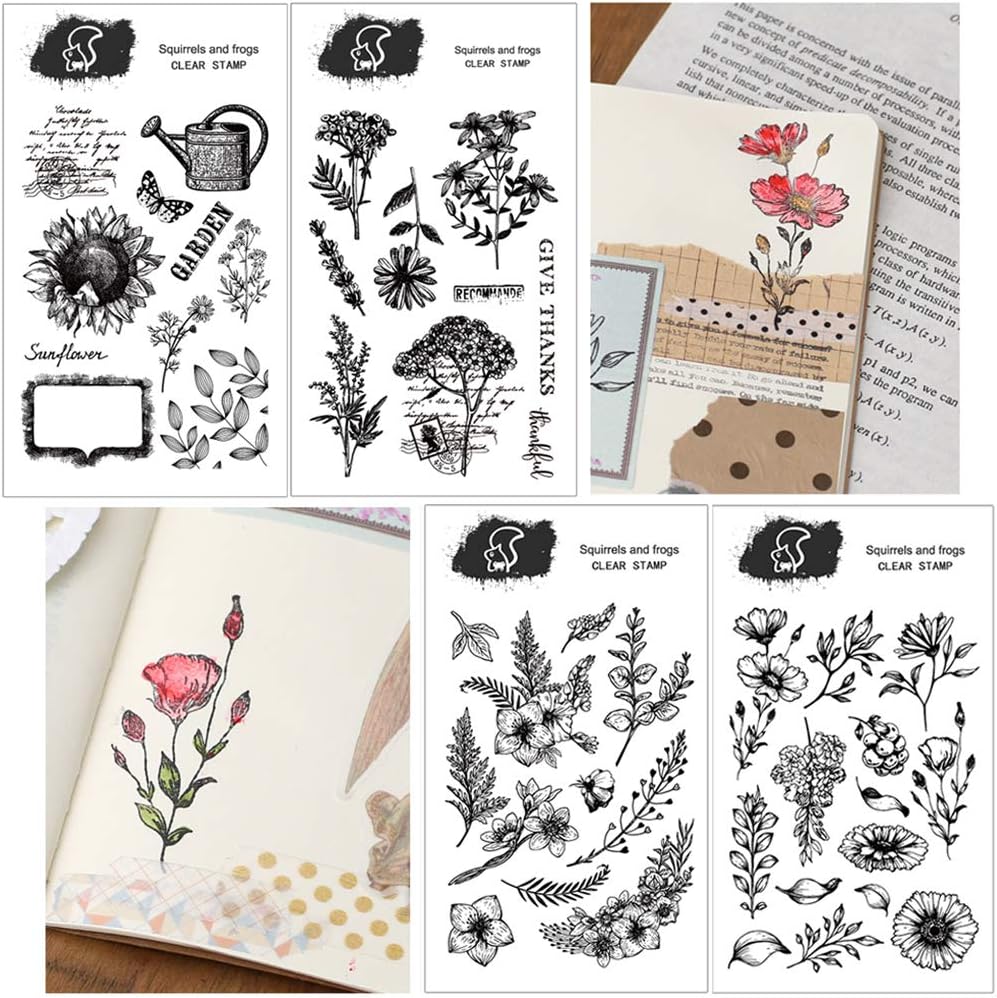 Nuluxi DIY Flower Pattern Silicone Stamp Sheets Transparent Flower Pattern Seal Stamp Plant Pattern Rubber Stamp Sheet Suitable for Card Photo Album Making Decoration and Craft Scrapbooking (4 Sheet)