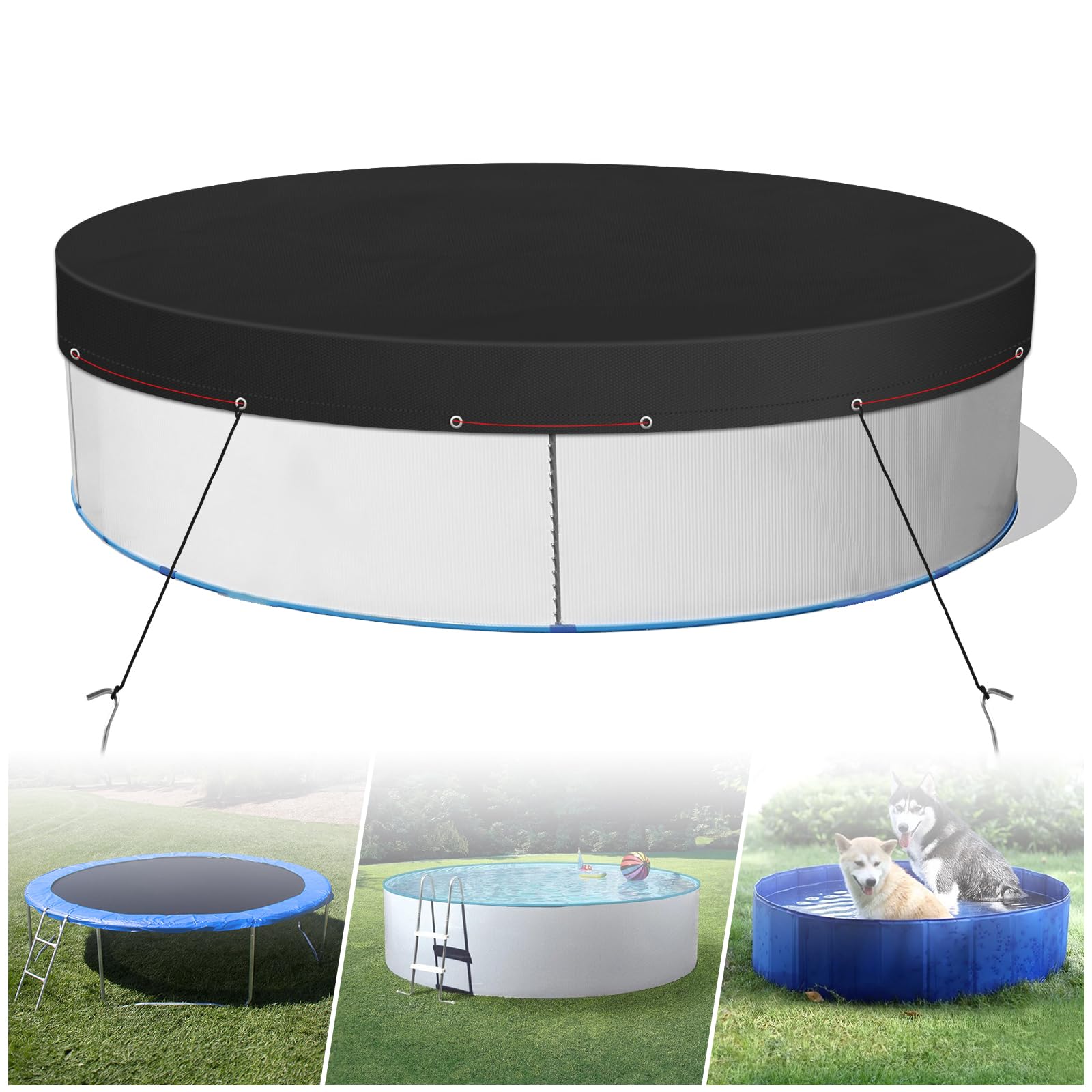 Round Pool Cover Diameter 310 cm, Round Pool Cover for Above Ground Pools, UV Protection Pool Cover with Ground Nails for Waterproof and Dustproof (Black)
