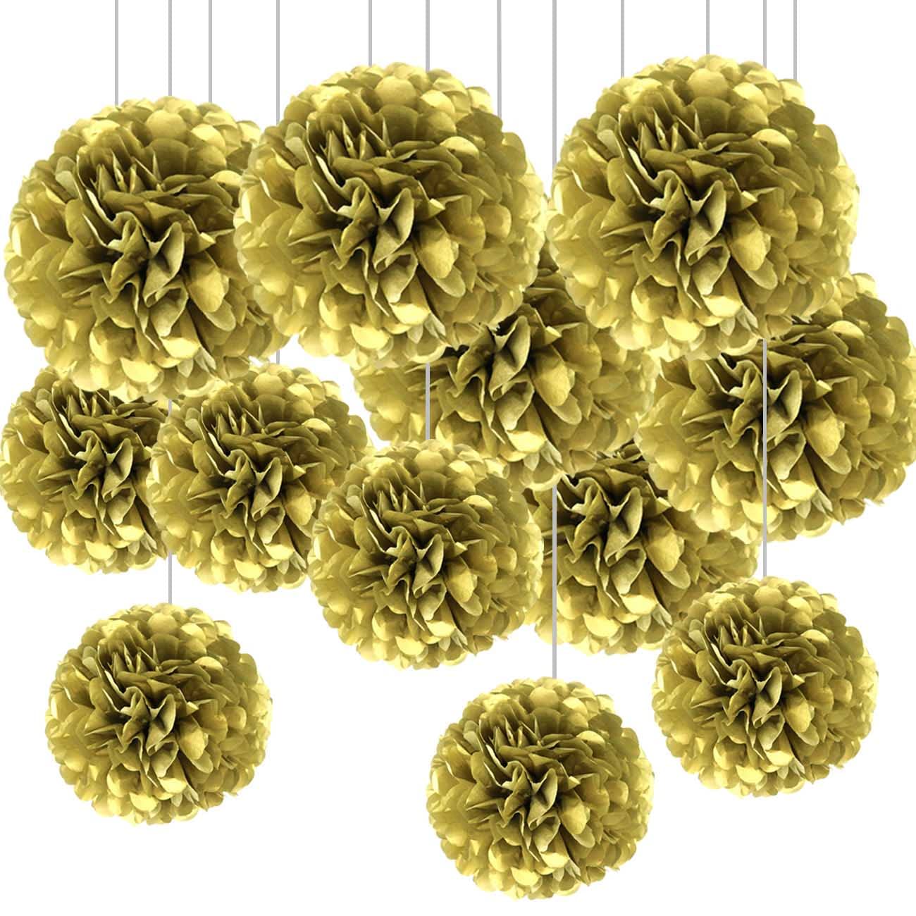 CC wonderland zone 12Pcs Gold Hanging Tissue Paper Pom Poms Decorations for Party Ceiling Wall Tissue Flowers Decorations, 6Pcs of 12in & 6Pcs of 10in