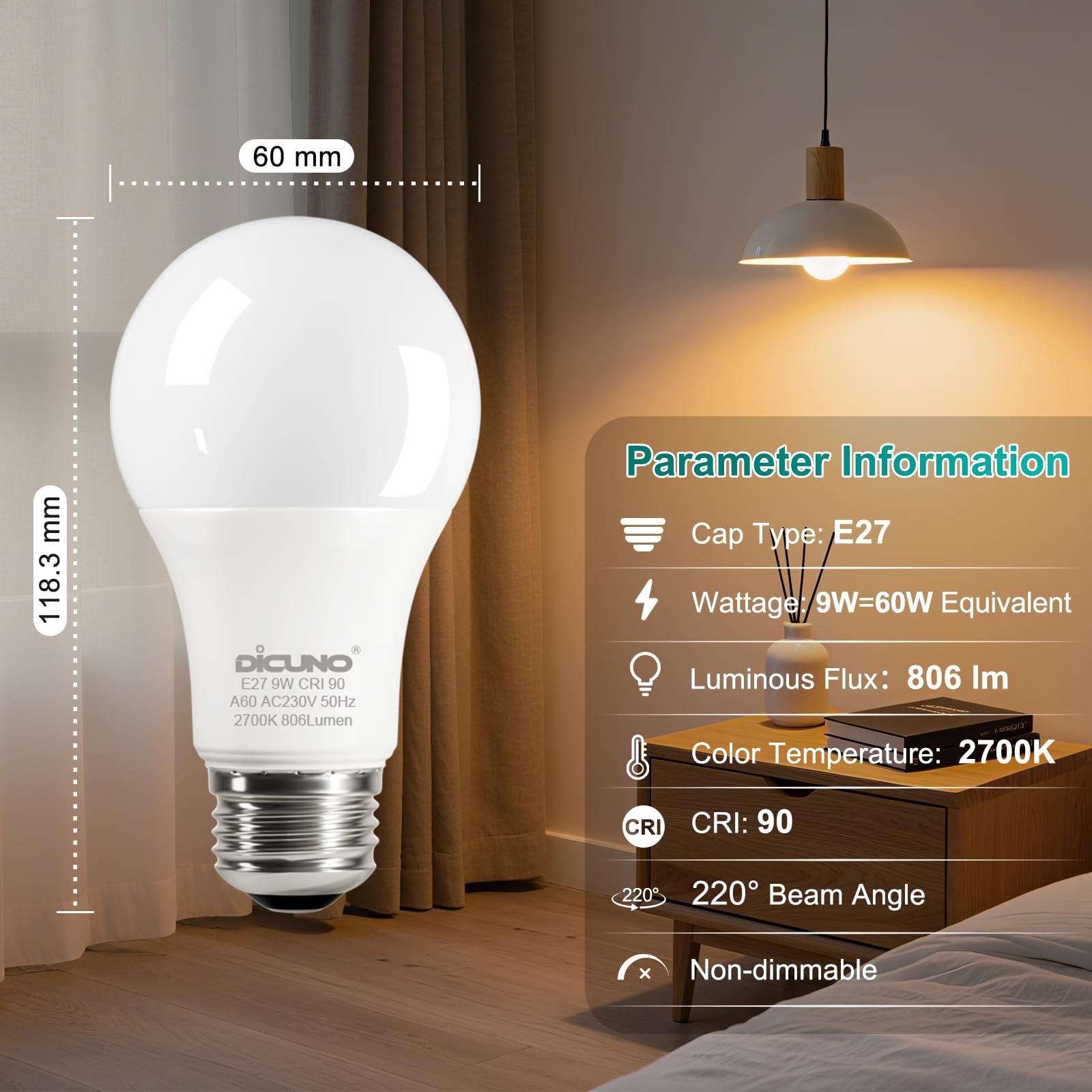 DiCUNO 9W E27 LED Lampe ersetzt 60W, 2700K Warmweiß, 806lm, A60 Matt Edisonbirne, CRI 90, 220° Abstrahlwinkel, flimmerfrei, nicht dimmbar, 230V Energiesparlampe, 6er Pack 2