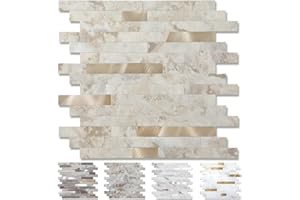 Yipscazo 10 - Sheet Peel and Stick Stone Metal Tile Backsplash, Stick on Tiles for Backsplash Kitchen, Bathroom, Laundry Room, Camper, Fireplace (12'' X 12'', Ecru)