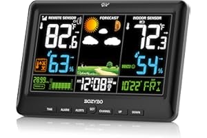 Weather Station Wireless Indoor Outdoor Thermometer: BOZYBO Digital Atomic Clock with Indoor/Outdoor Temp, Temperature Gauge Weather Clock with Calendar and Adjustable Backlight