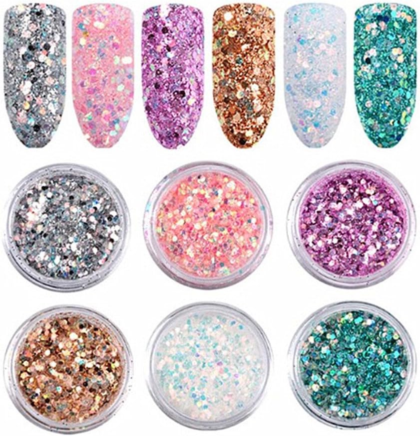 Ktyssp 6pcs Color Glitter Dust Powder Tip Decoration Nail Art Glitter Powder DIY
