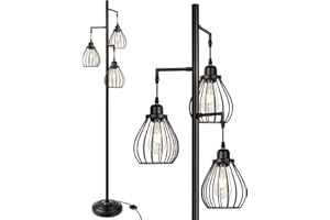 Lakumu Industrial Tree Floor Lamp for Living Room, with 3 Elegant Teardrop Cage Heads & ST58 Edison LED Bulbs, Sturdy Base Tall Vintage Pole Light Great for Farmhouse Rustic Bedroom Office