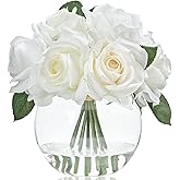 WELL KNOWN Artificial Flowers with Vase, Silk Rose Artificial Flowers Table Centerpieces with Faux Water for Home Decoration Fake Roses Flower Arrangements for Table Decor (White&Green)