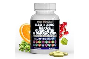 TRIPLE 8 NUTRITION NAC Supplement N-Acetyl Cysteine 1000mg Vitamin D3 K2 Zinc Quercetin 1000mg Sarracenia Purpurea 1000mg with Elderberry Holy Basil Bee Propolis Bromelain L-Lysine - 60 Count