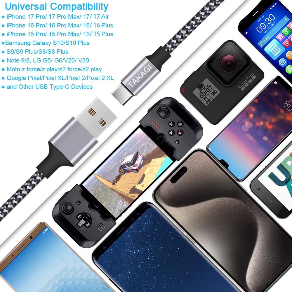 TAKAGI USB to USB C Cable (3Pack 6ft) USB A to Type C Cable Fast Charging Nylon Braided Data Sync Transfer Cord USB C Charger for iPhone 17 Pro Max/17 Air/16e/16 15 Pro/15 Plus/Galaxy S20 S10 Note 20