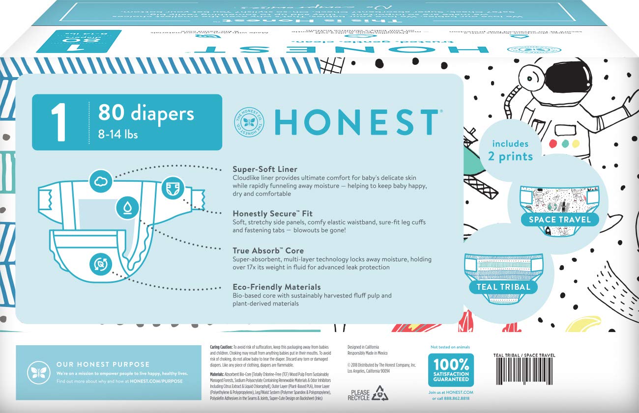 The Honest Company Club Box Diapers with TrueAbsorb Technology, Teal Tribal & Space Travel, Size 1, 80 Count