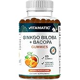 Vitamatic Ginkgo Biloba + Bacopa Gummies – 1250 mg Equivalent | Natural Peach Flavor | 60 Vegan Gummies | Made in The USA | Non-GMO, Gluten-Free