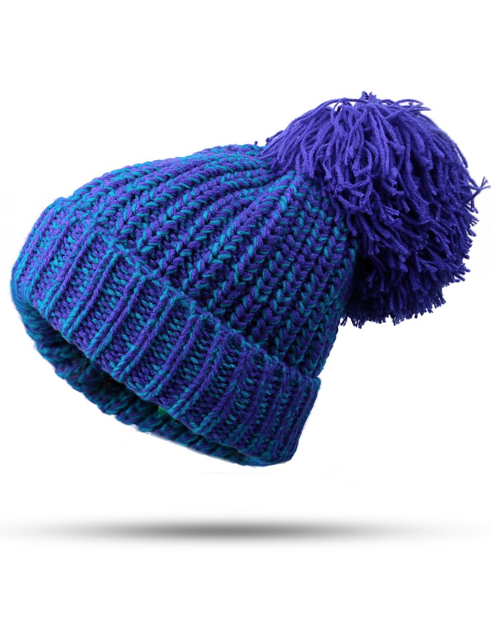 EVRFELAN Winter Women Slouchy Large Pompom Beanie Thick Warm Cable Knit Crochet Hat Fashion Stretchy Chunky Warm Ski Skull Cap Snowboard Braid Girls Solid Soft(Blue)