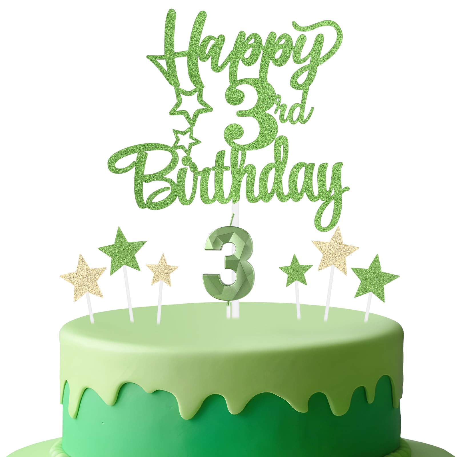 mciskin Tender Green 3rd Birthday Candles Cake Toppers Set,3D Number 3 Candle for Cake,Light Green Candles Yellow Star Toppers for Girls Boys 3rd Birthday Decorations Party Supplies