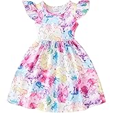 Toddler Girls Summer Dresses Cute Flutter Short Sleeve Dinosaur Sunflower Pattern Casual Sundress for Little Girl Size 2-8T