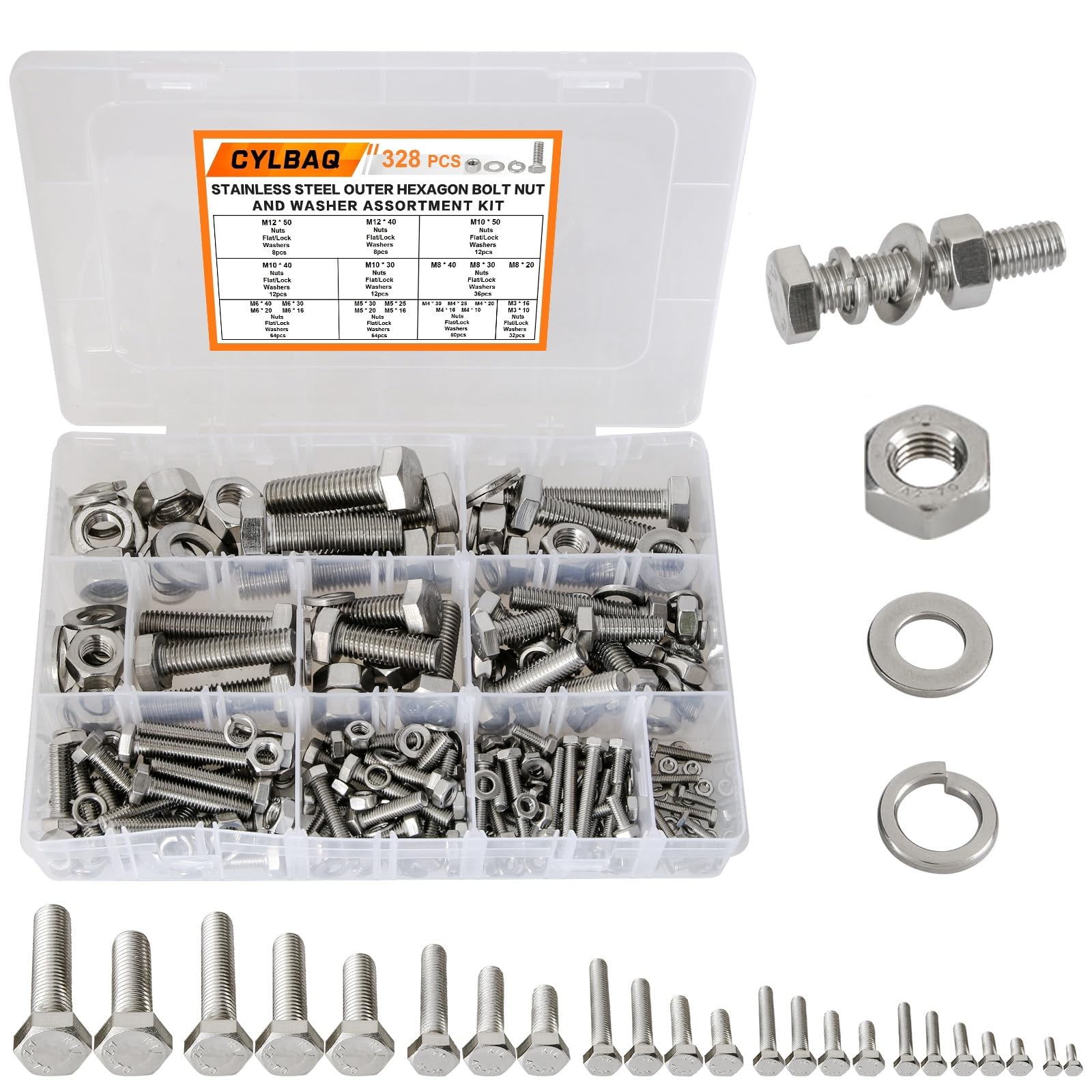 CYLBAQ 328PCS Hex Head Screws Bolts Nuts and Washers Set Kit, M3 M4 M5 M6 M8 M10 M12 Outer Hexagonal Screw Assortment Set, Stainless Steel Hex Bolt Assorted Metric Kit for DIY Industry Mechanical