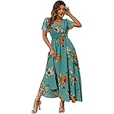 Simplee Women's Boho Floral Maxi Dress Flowy Casual V Neck Short Sleeve Wedding Guest Holiday Beach Long Dress