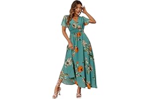 SIMPLEE APPAREL Simplee Women's Boho Floral Maxi Dress Flowy Casual V Neck Short Sleeve Wedding Guest Holiday Beach Long Dress